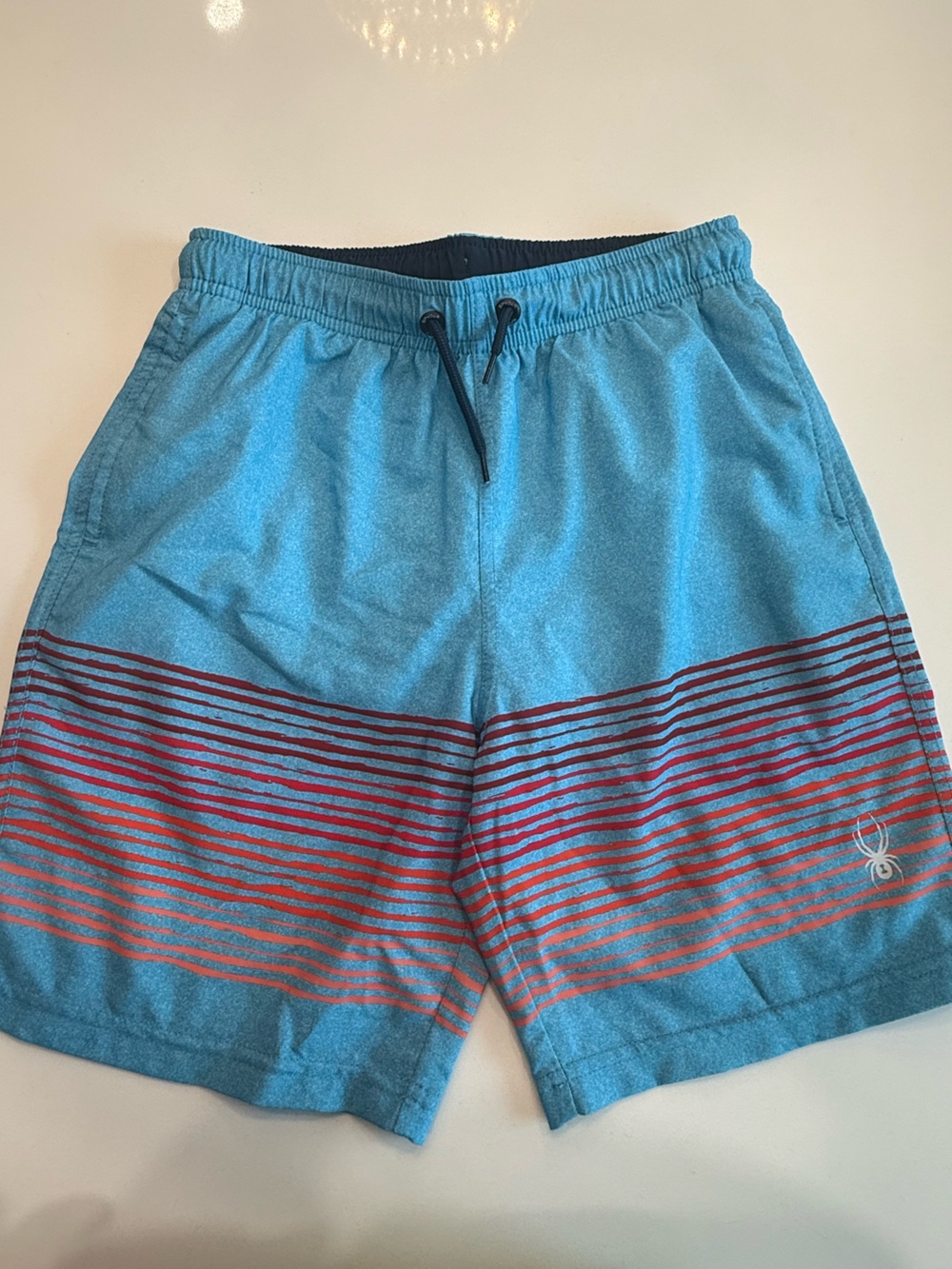 Spyder Boys Blue Swim Trunks with Red Stripe Accents